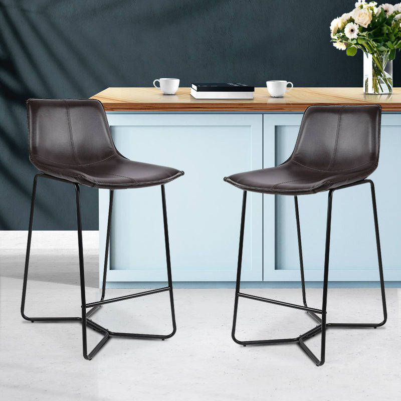 Set of 2 PU Leather Bar Stools - Metal Black