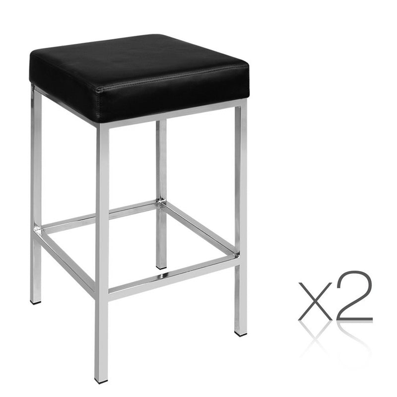 Set of 2 PU Leather Backless Bar Stools - Black