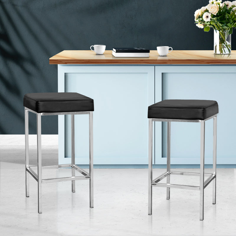 Set of 2 PU Leather Backless Bar Stools - Black