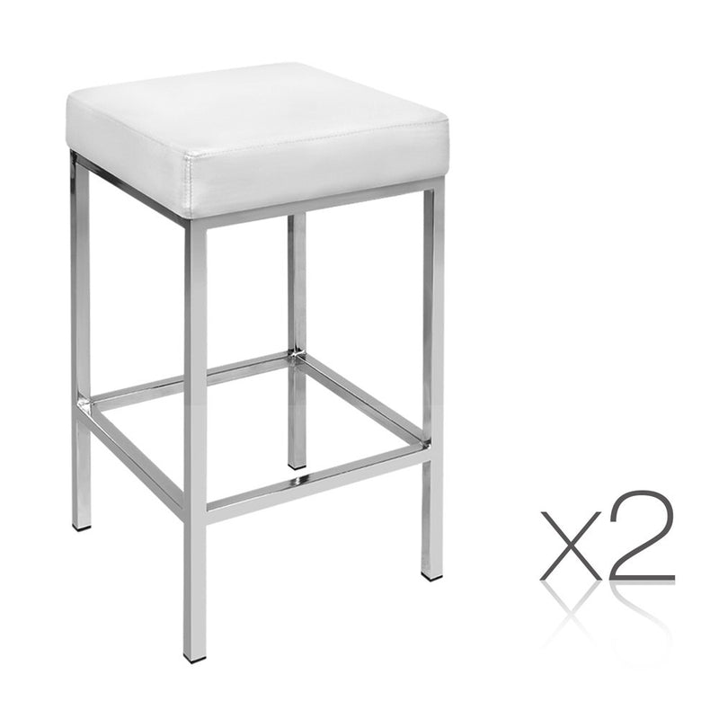 Set of 2 PU Leather Backless Bar Stools - White