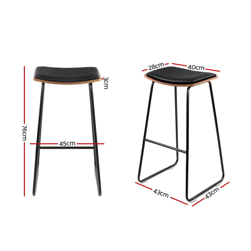 Set of 2 PU Leather Backless Bar Stools - Black