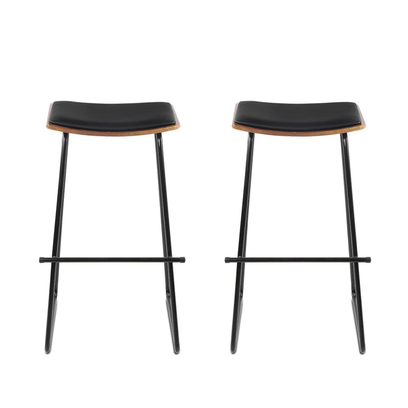 Set of 2 PU Leather Backless Bar Stools - Black