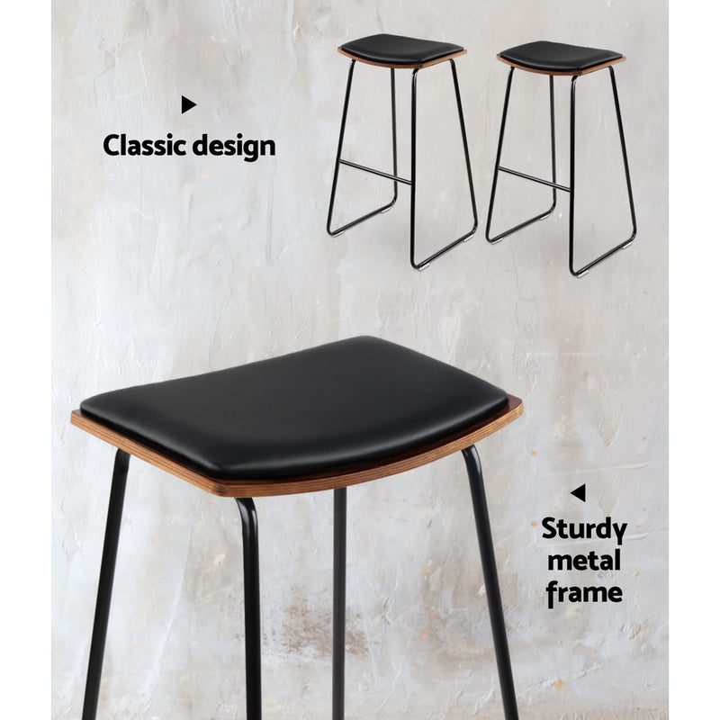 Set of 2 PU Leather Backless Bar Stools - Black