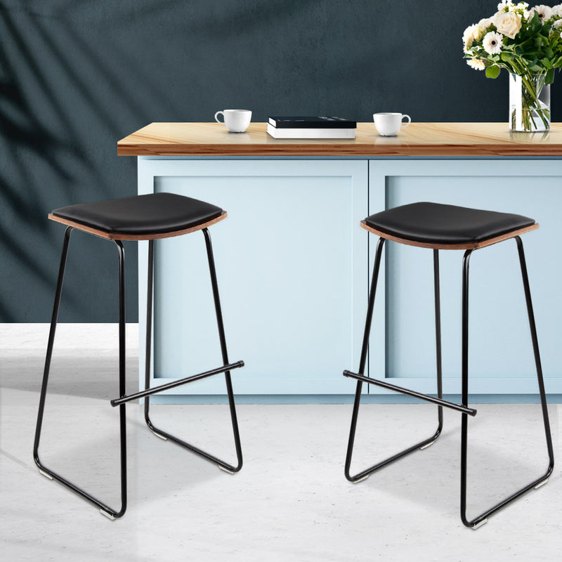 Set of 2 PU Leather Backless Bar Stools - Black