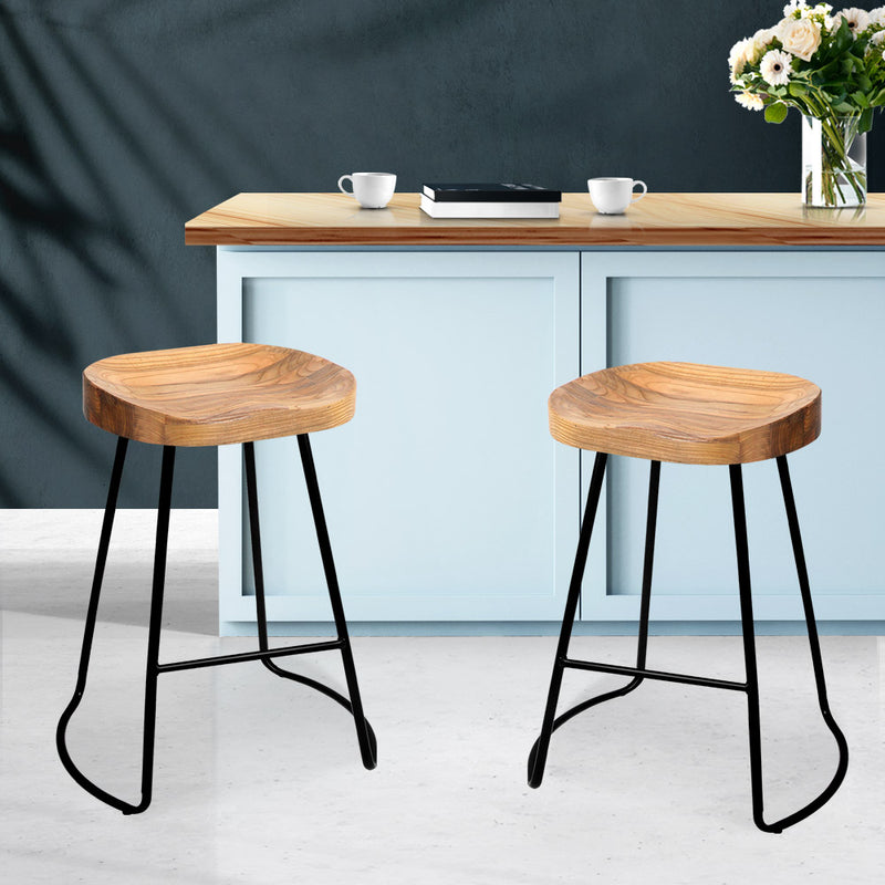 Set of 2 Wooden Backless Bar Stools - Natural