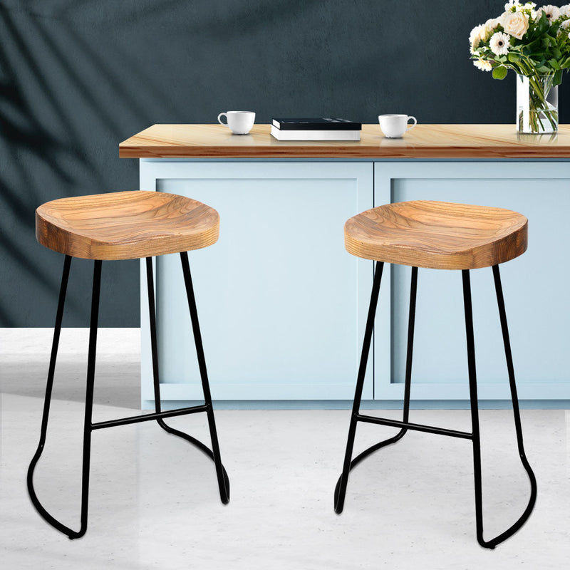 Set of 2 Wooden Backless Bar Stools - Natural