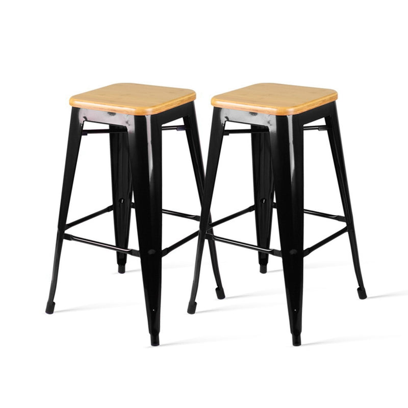 Set of 2 Wooden Backless Bar Stools- Black