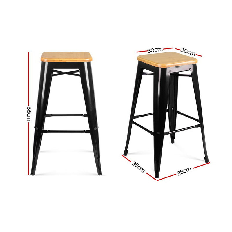 Set of 2 Wooden Backless Bar Stools- Black