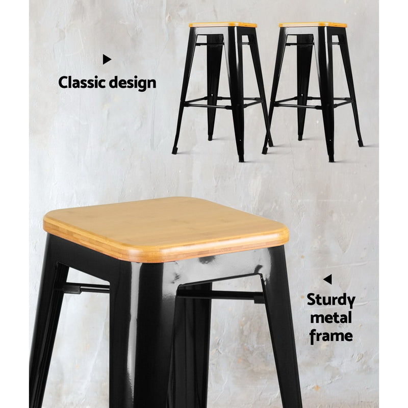 Set of 2 Wooden Backless Bar Stools- Black