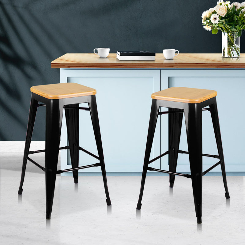 Set of 2 Wooden Backless Bar Stools- Black