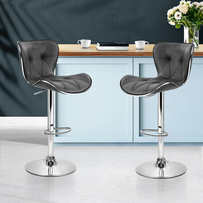 Set of 2 Kitchen Bar Stools Gas Lift Stool Chairs Swivel Barstools PU Leather Grey