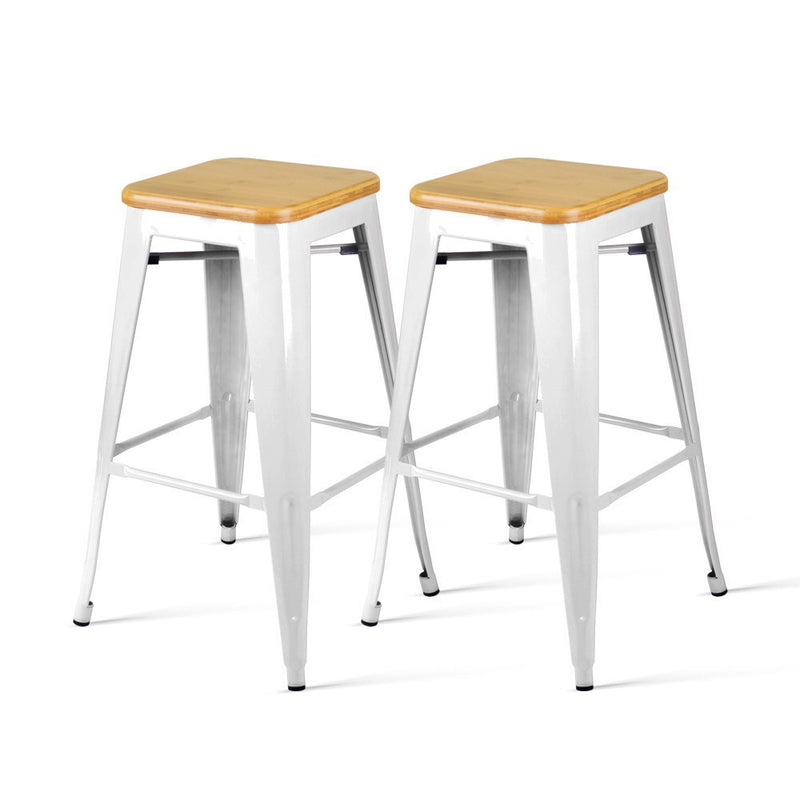 Set of 2 Metal and Bamboo Bar Stools - White