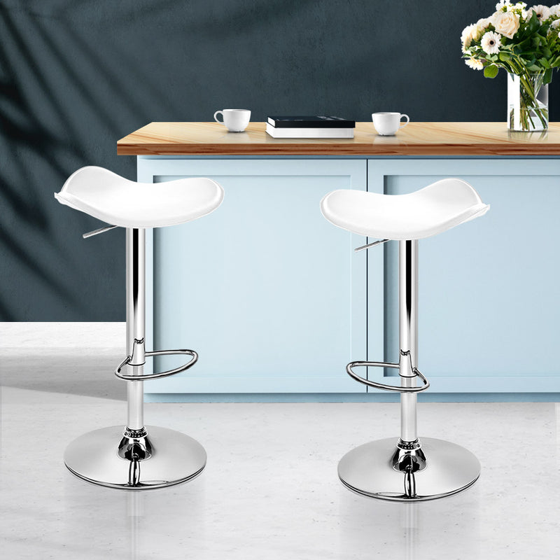 Set of 2 Gas Lift Bar Stools Swivel Chairs PU Leather Chrome White