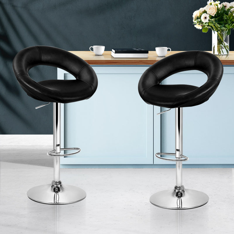 Set of 2 Gas Lift Bar Stools Swivel Chairs PU Leather Chrome Black