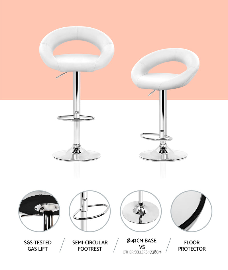 Set of 2 Gas Lift Bar Stools Swivel Chairs PU Leather Chrome White