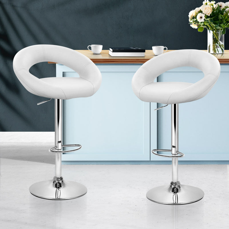 Set of 2 Gas Lift Bar Stools Swivel Chairs PU Leather Chrome White