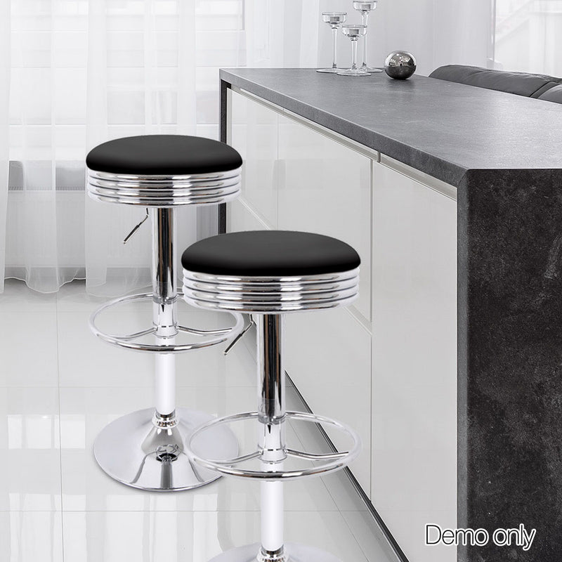 Set of 2 PU Leather Backless Bar Stools - Black