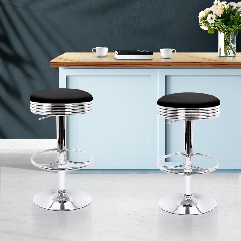 Set of 2 PU Leather Backless Bar Stools - Black