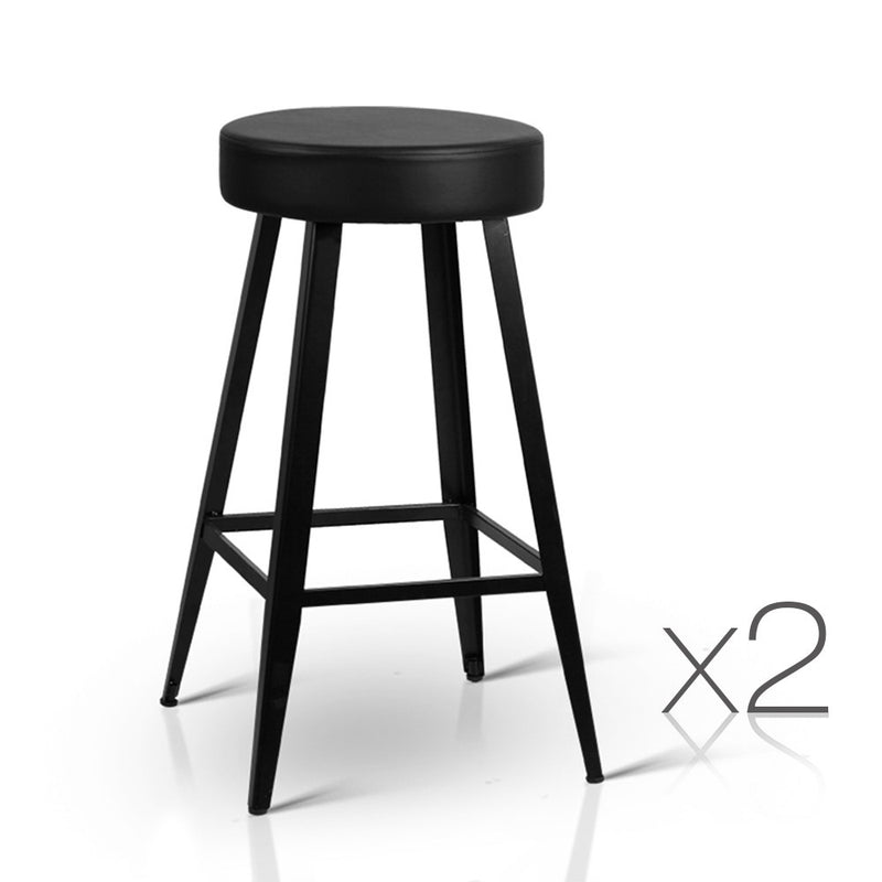 Set of 2 PU Leather Bar Stools - Black