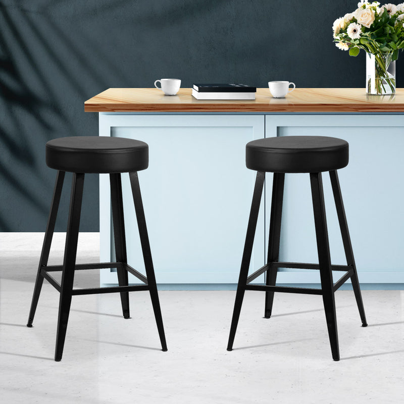 Set of 2 PU Leather Bar Stools - Black