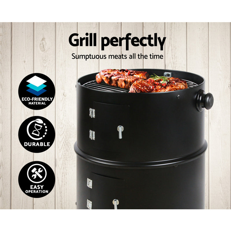 3-in-1 Charcoal BBQ Smoker - Black