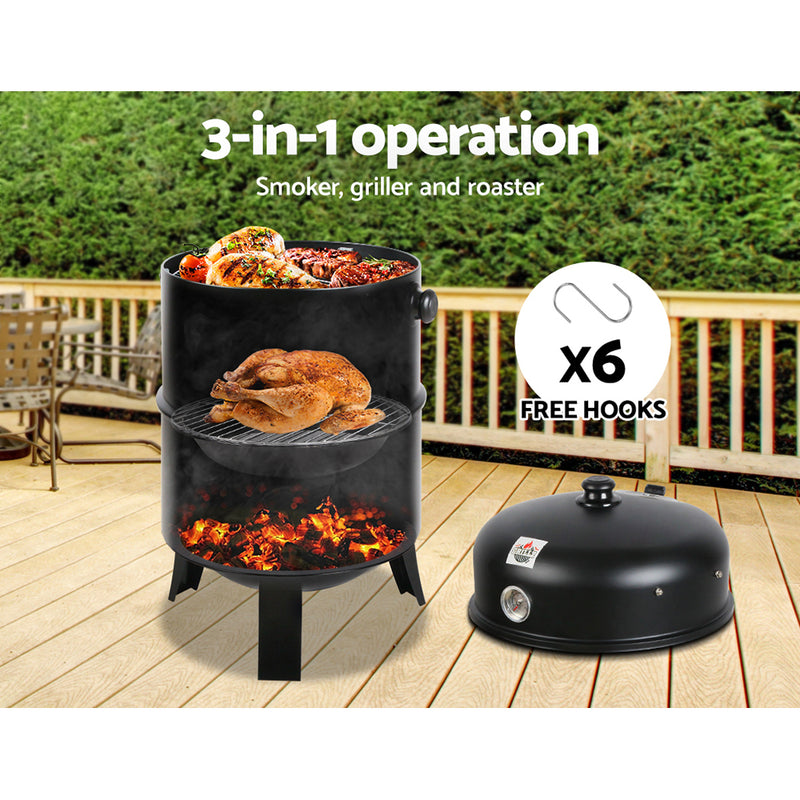 3-in-1 Charcoal BBQ Smoker - Black