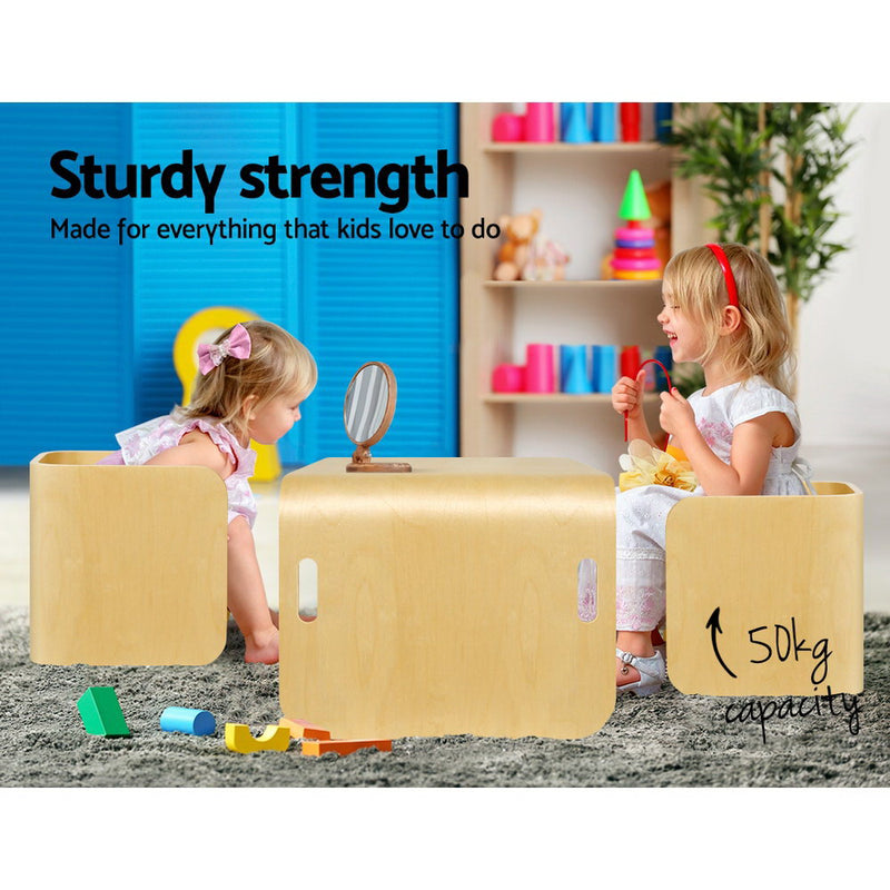 3PC Kids Table and Chairs Set Toys Play Desk Children Shelf Storage Beige