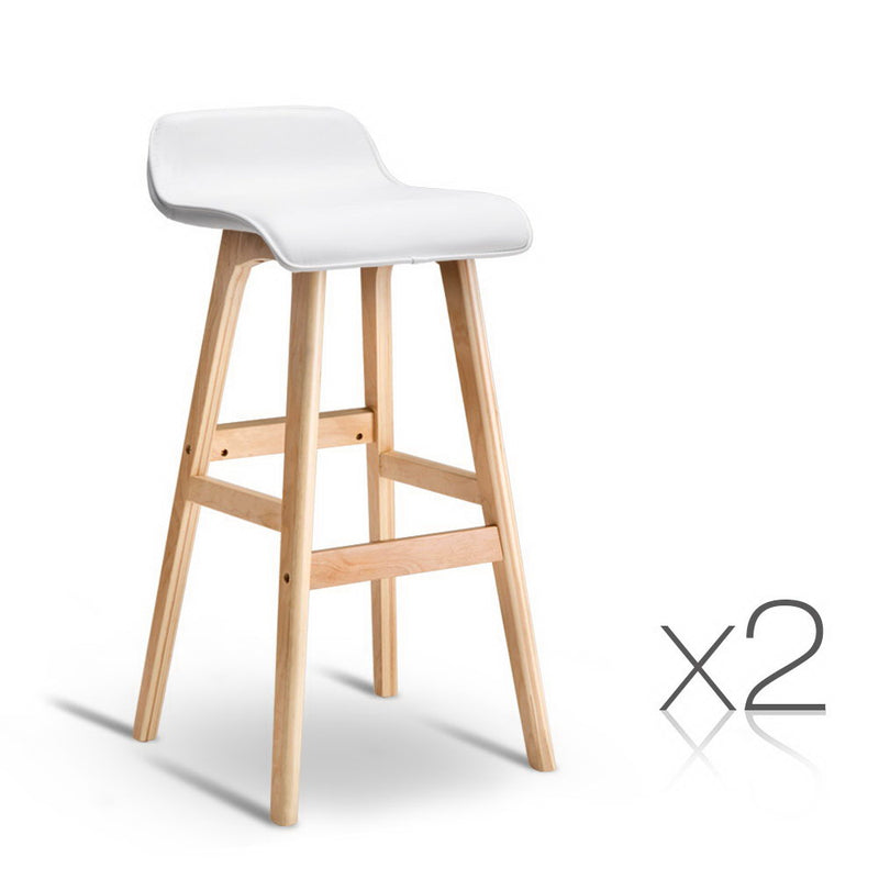 Set of 2 PU Leather and Wood Bar Stool - White