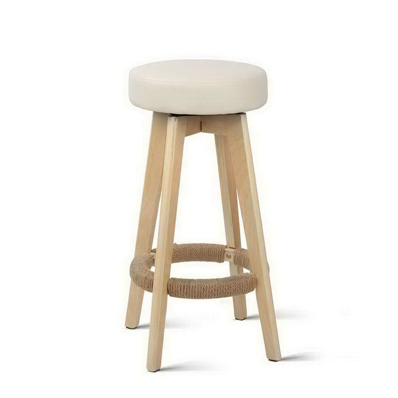 Set of 2 Kitchen Bar Stools Wooden Bar Stool Swivel Barstools Counter Chairs 74cm Leather  Cream