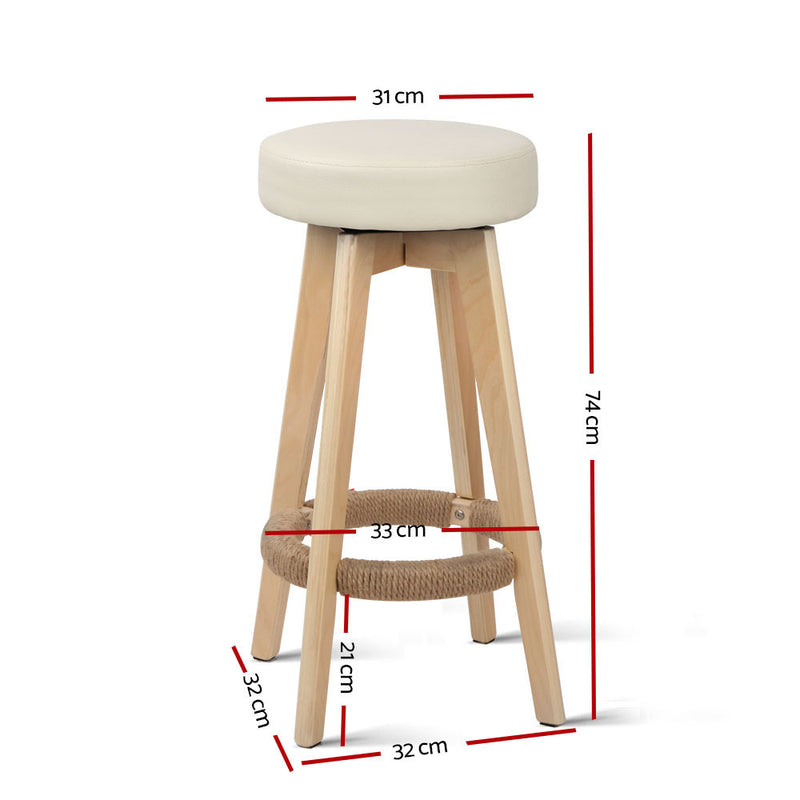 Set of 2 Kitchen Bar Stools Wooden Bar Stool Swivel Barstools Counter Chairs 74cm Leather  Cream