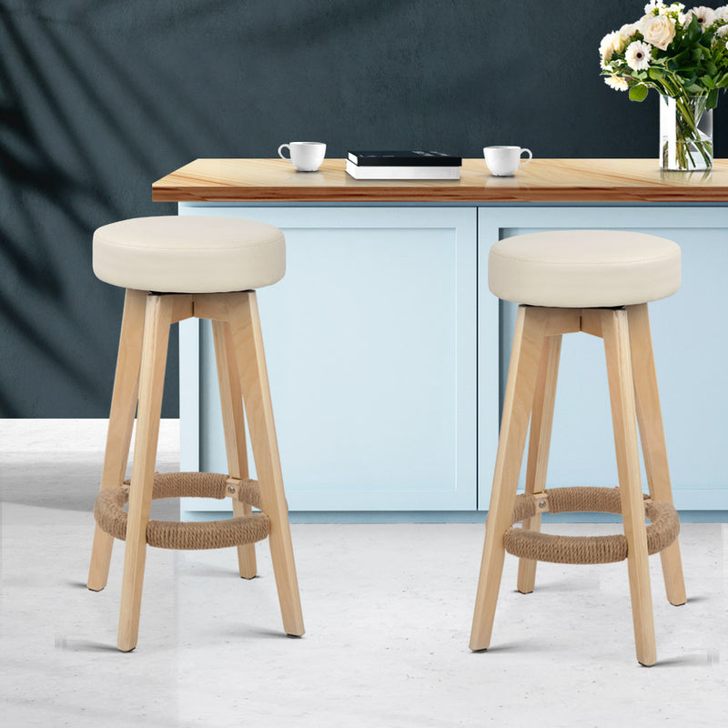 Set of 2 Kitchen Bar Stools Wooden Bar Stool Swivel Barstools Counter Chairs 74cm Leather  Cream