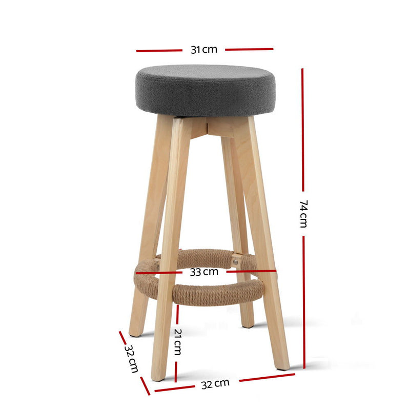 Set of 2 Kitchen Bar Stools Wooden Bar Stool Swivel Barstools Counter Chairs 74cm Fabric Grey