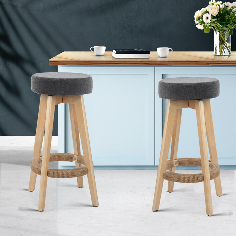 Set of 2 Kitchen Bar Stools Wooden Bar Stool Swivel Barstools Counter Chairs 74cm Fabric Grey