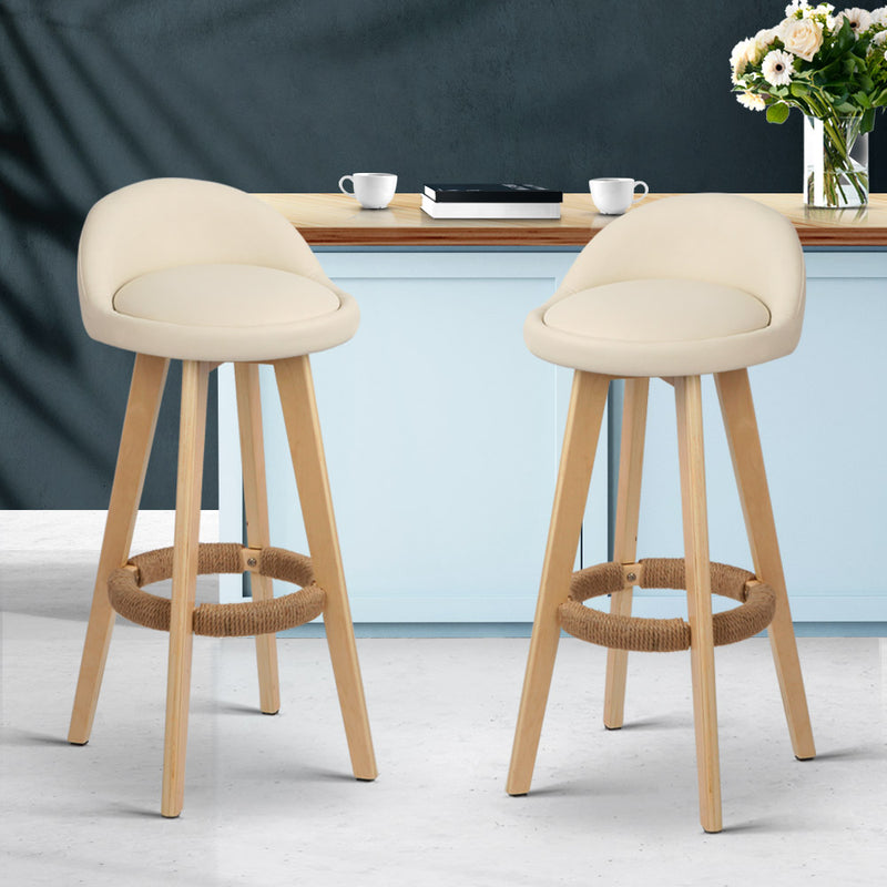 Set of 2 PU Leather Bar Stools - Beige