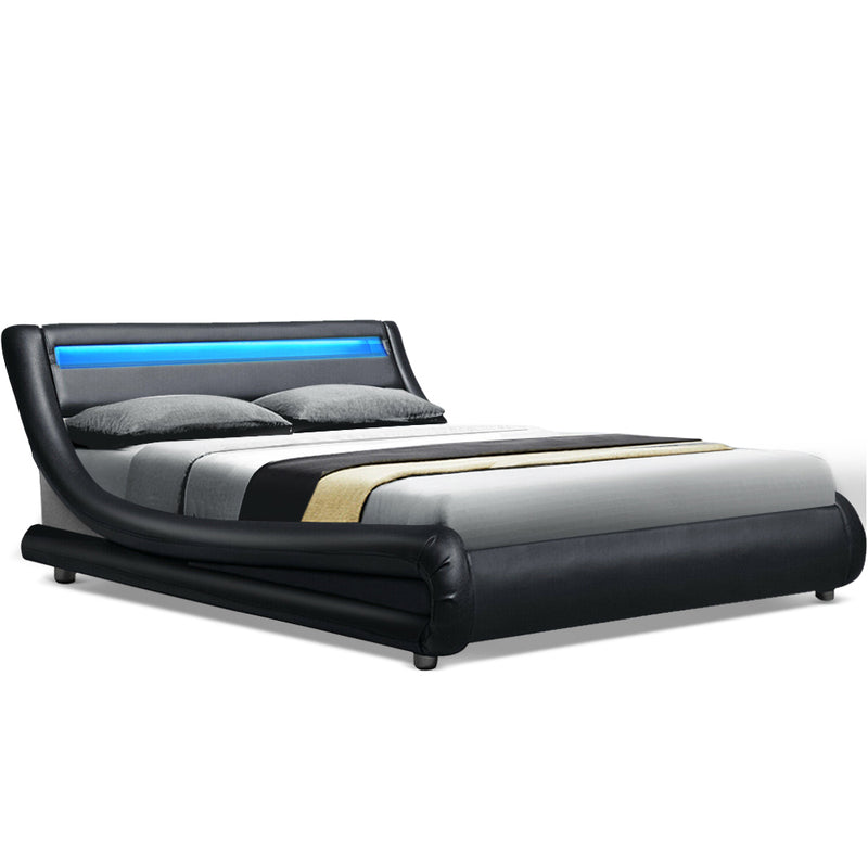 LED Bed Frame Double Full Size Base Mattress Platform Black Leather ALEX