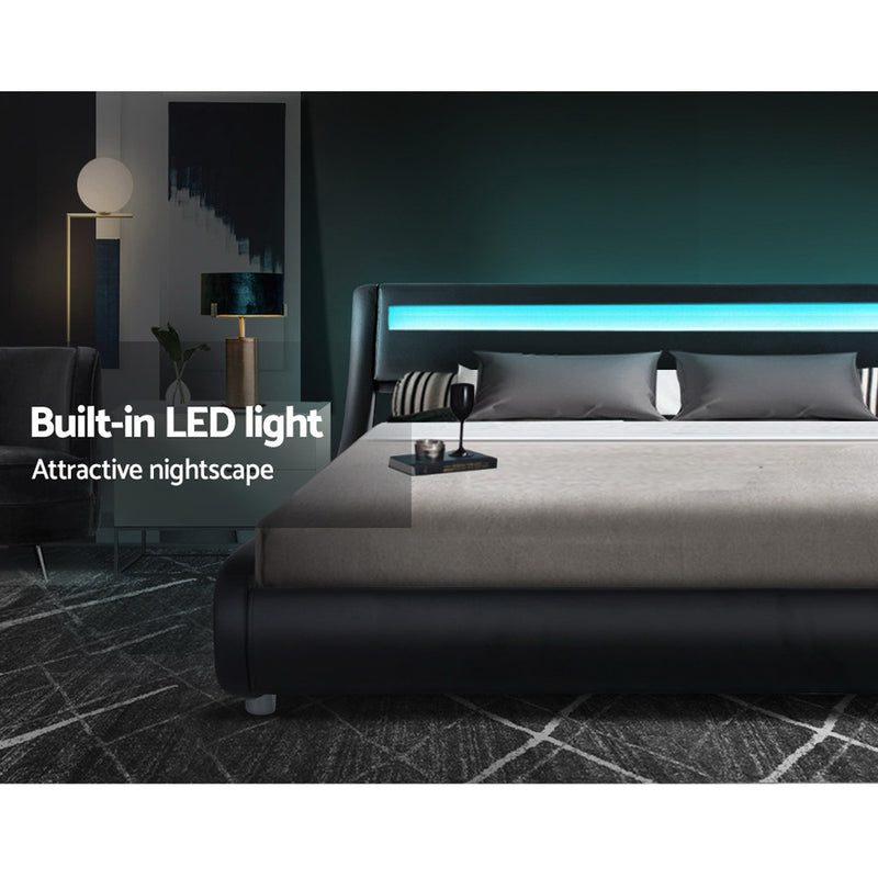 LED Bed Frame Double Full Size Base Mattress Platform Black Leather ALEX