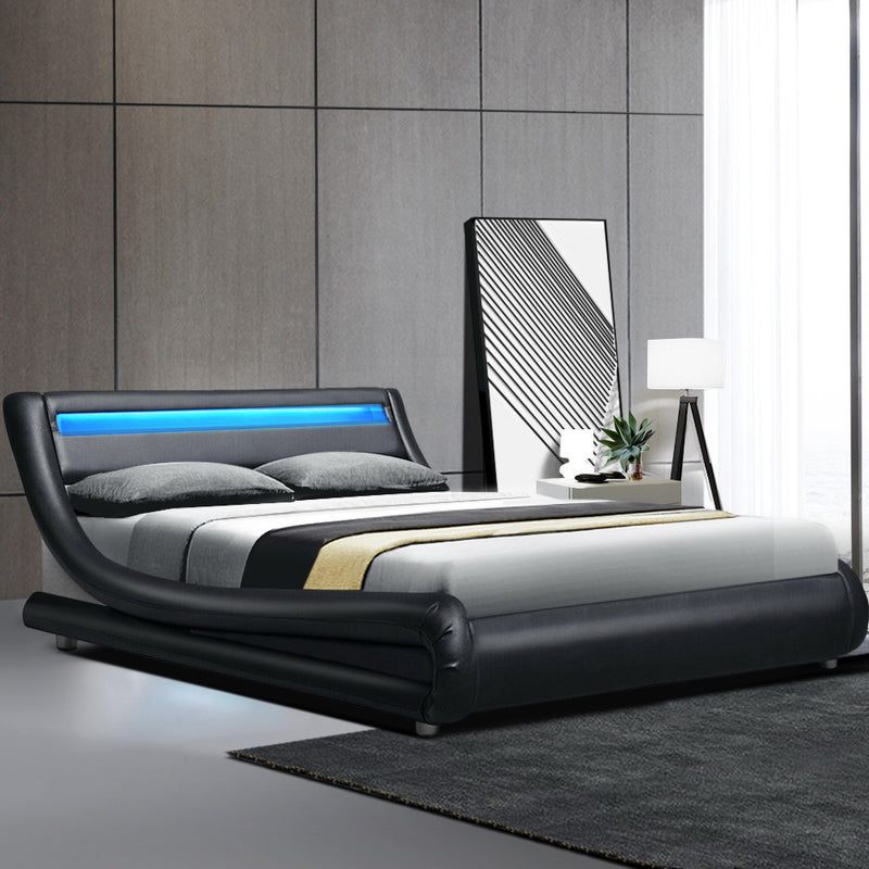 LED Bed Frame Double Full Size Base Mattress Platform Black Leather ALEX