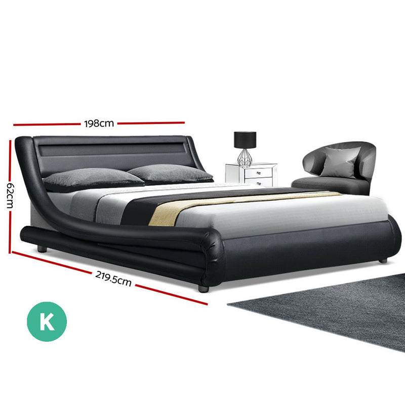 LED Bed Frame King Size Mattress Base Platform Black Leather Wooden ALEX