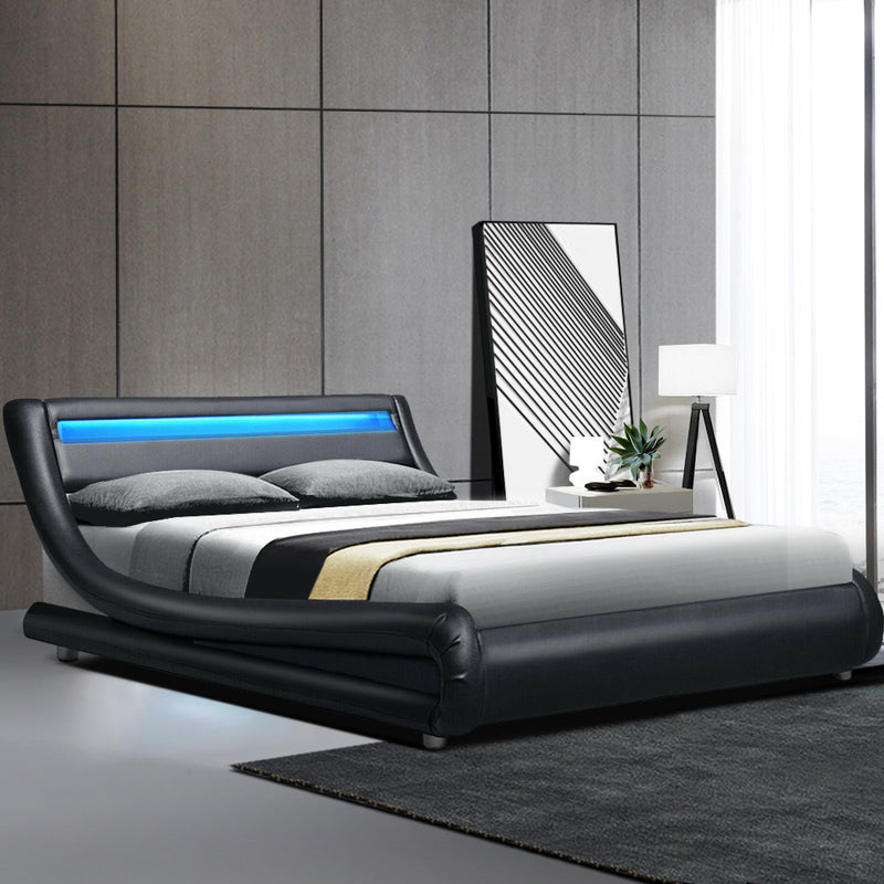 LED Bed Frame King Size Mattress Base Platform Black Leather Wooden ALEX