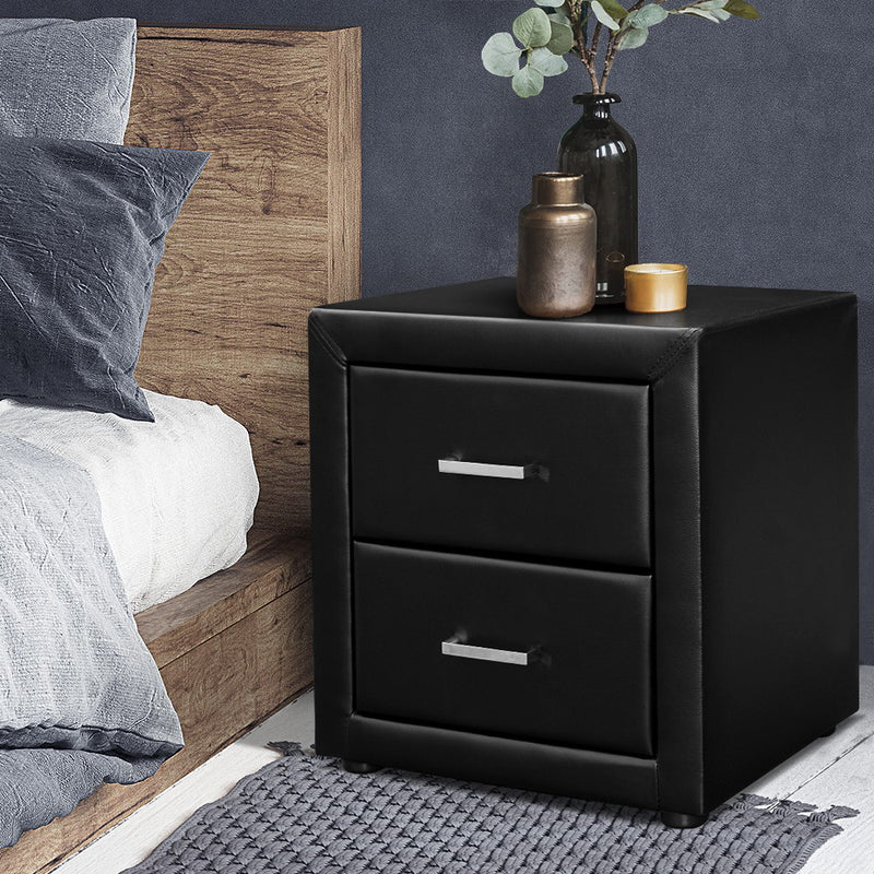 PVC Leather Bedside Table - Black