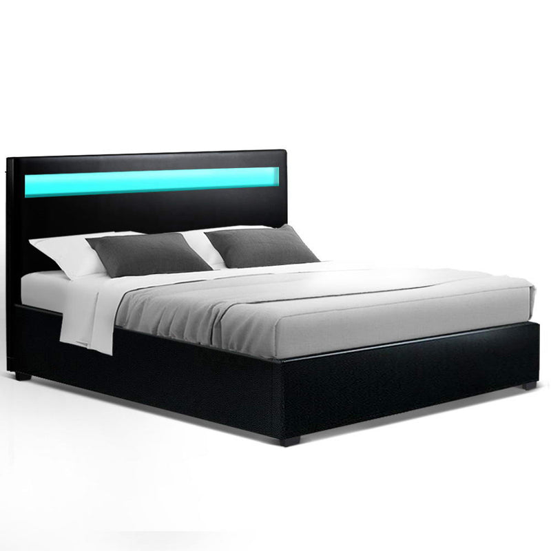 LED Bed Frame Double Full Size Gas Lift Base With Storage Black Leather