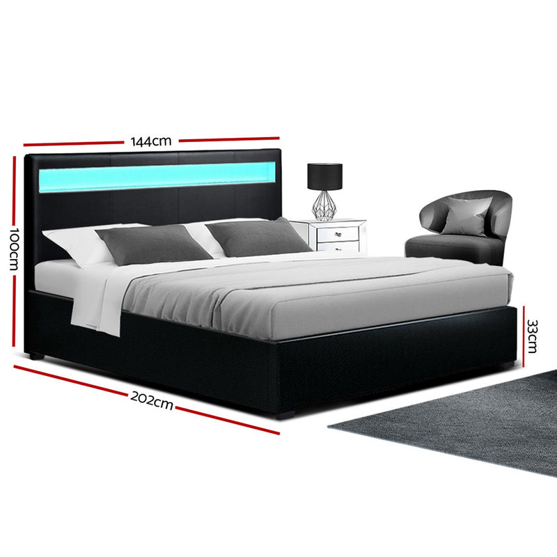 LED Bed Frame Double Full Size Gas Lift Base With Storage Black Leather