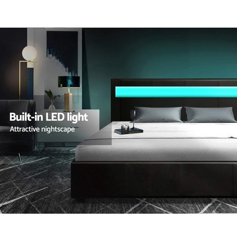 LED Bed Frame Double Full Size Gas Lift Base With Storage Black Leather