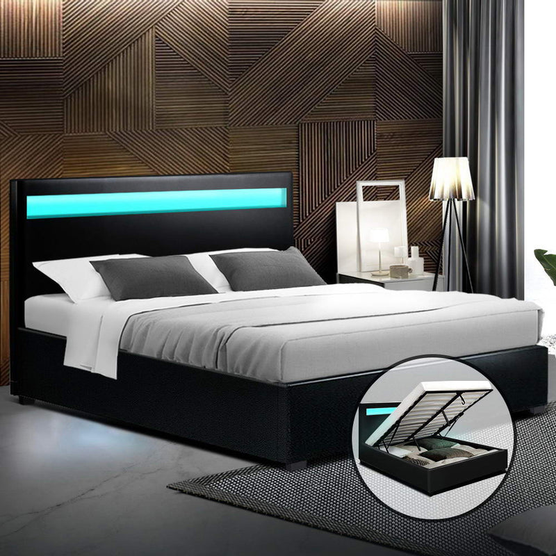 LED Bed Frame Double Full Size Gas Lift Base With Storage Black Leather