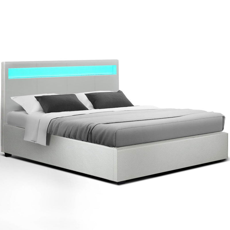 LED Bed Frame Double Full Size Gas Lift Base With Storage White Leather