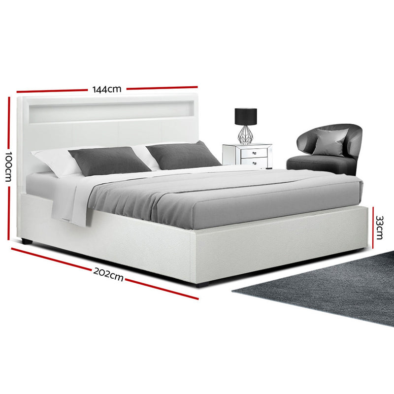 LED Bed Frame Double Full Size Gas Lift Base With Storage White Leather