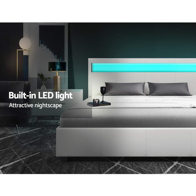 LED Bed Frame Double Full Size Gas Lift Base With Storage White Leather