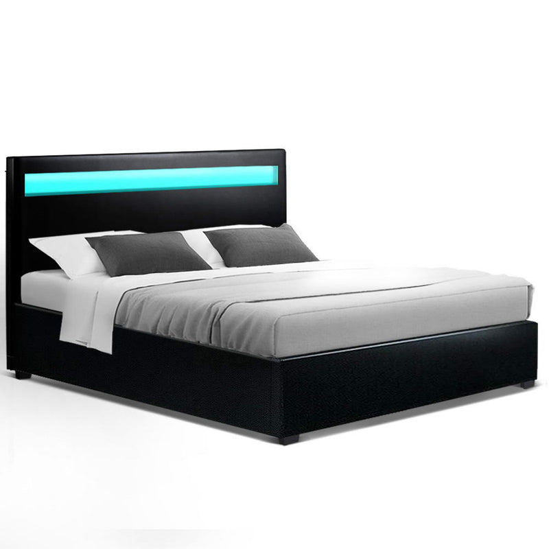 LED Bed Frame King Size Gas Lift Base With Storage Black Leather