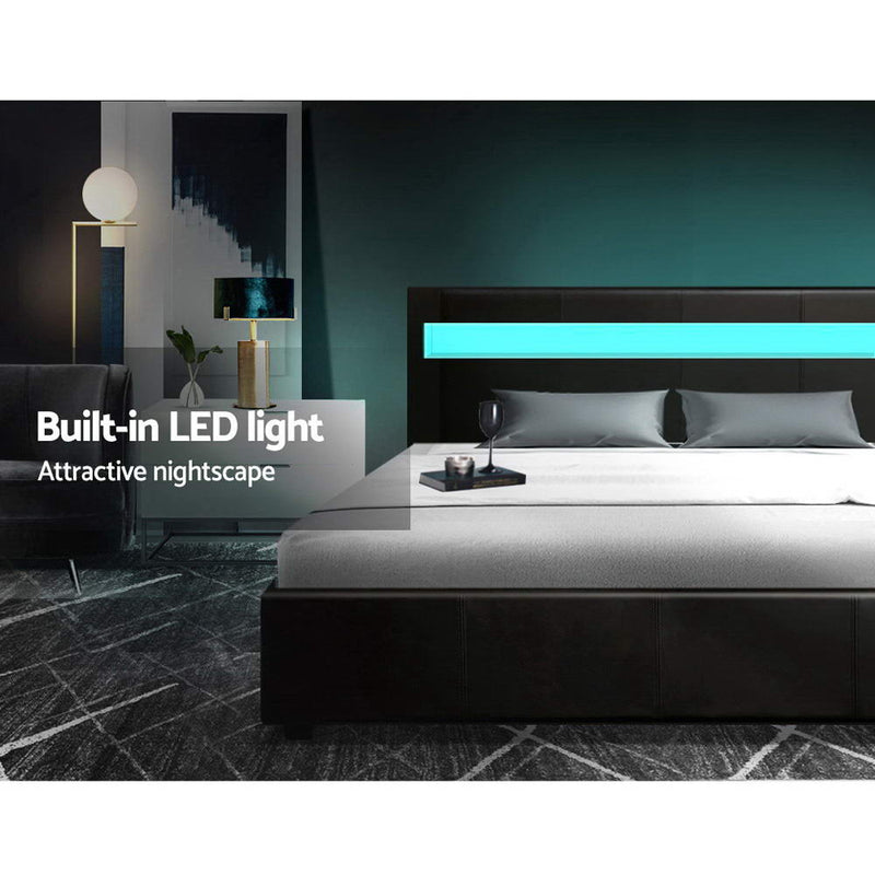 LED Bed Frame King Size Gas Lift Base With Storage Black Leather