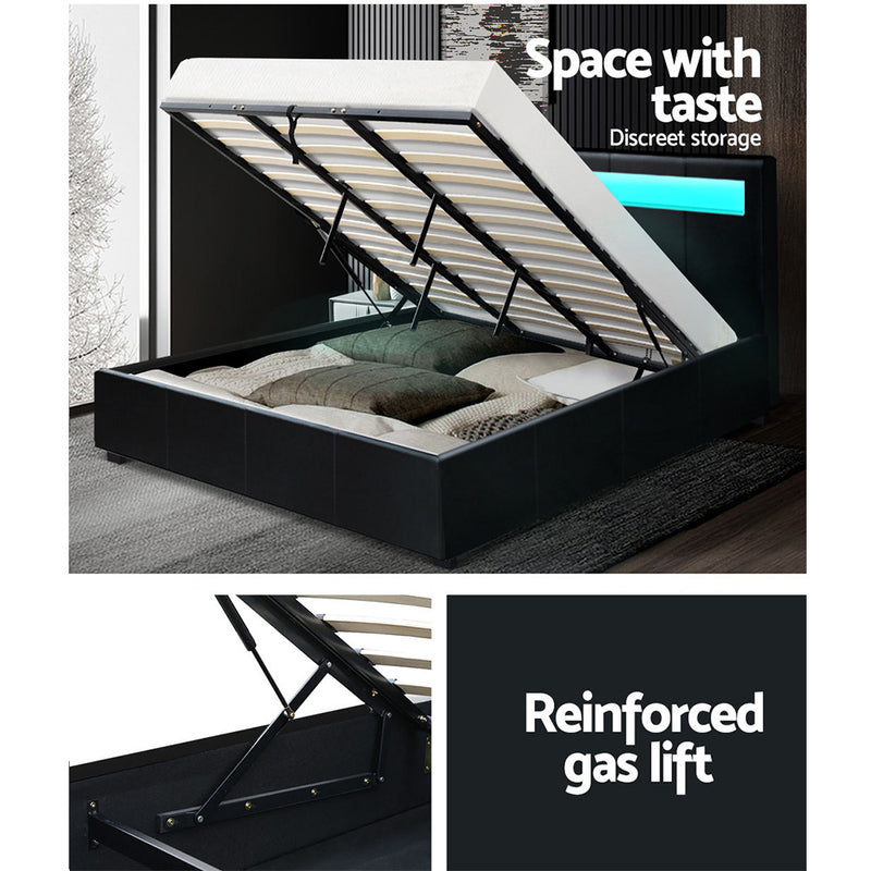 LED Bed Frame King Size Gas Lift Base With Storage Black Leather